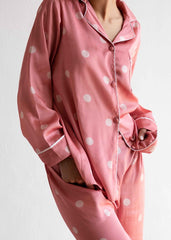 A model in Ariana Polka silk pajama set – trendy polka dot loungewear by LaRosa
