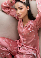 A model in Ariana Polka silk pajama set – trendy polka dot loungewear by LaRosa