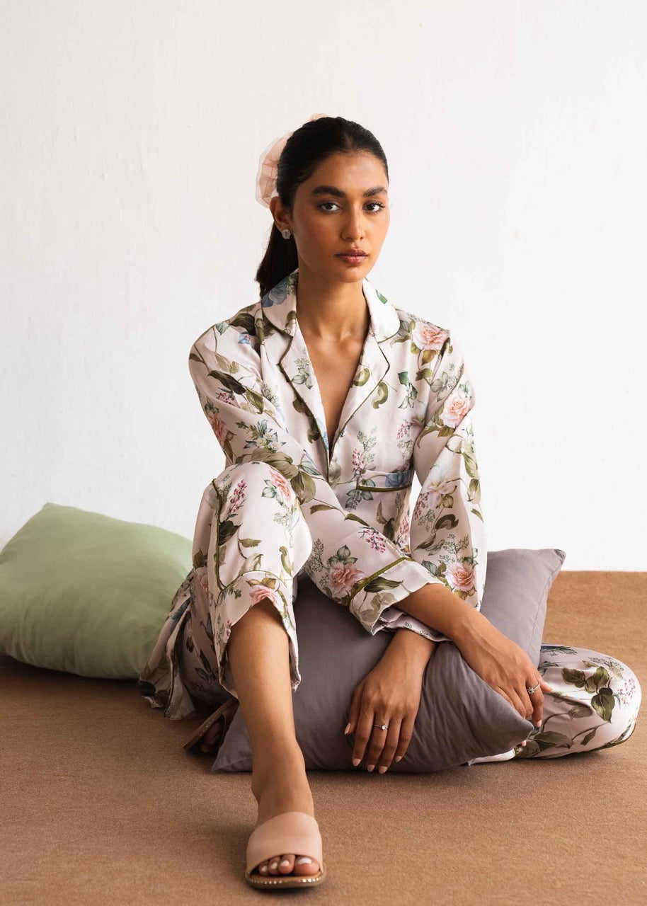 A model in Floral Nova silk pajama set – floral women’s nightwear by LaRosa