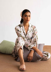 A model in Floral Nova silk pajama set – floral women’s nightwear by LaRosa