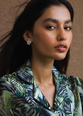 A woman wearing Tropical Ocean silk pajama set – ocean print women’s nightwear by LaRosa