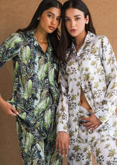 A woman wearing Tropical Ocean silk pajama set – ocean print women’s nightwear by LaRosa
