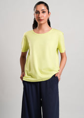 Mary – LaRosa Night Wears for Women – Cotton Summer Sets Collection | Larosawears | Shop Online – Front View.
Woman wearing a light green top and dark blue pants on a plain background