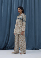 LaRosa Summer Dreams Edeline neutral-toned cotton nightwear for women, styled as a printed co-ord with classic button-down shirt and soft trousers.