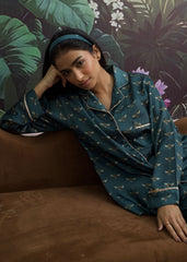 LaRosa Summer Slumber Green solid cotton nightwear set with button-down shirt and straight trousers.