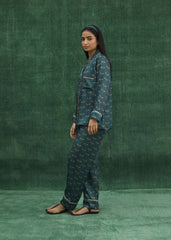 LaRosa Summer Slumber Green solid cotton nightwear set with button-down shirt and straight trousers.