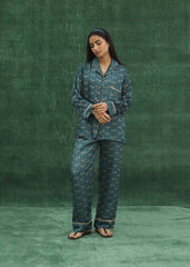 LaRosa Summer Slumber Green solid cotton nightwear set with button-down shirt and straight trousers.