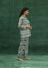 LaRosa Summer Slumber Green Printed silk nightwear set with light green pattern.