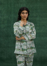 LaRosa Summer Slumber Green Printed silk nightwear set with light green pattern.