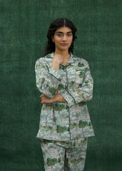 LaRosa Summer Slumber Green Printed silk nightwear set with light green pattern.