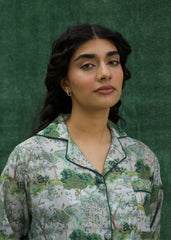 LaRosa Summer Slumber Green Printed silk nightwear set with light green pattern.