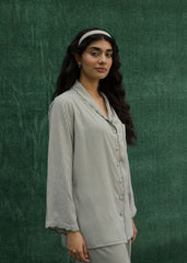 LaRosa Summer Slumber Green Stripes cotton nightwear set with vertical stripe print shirt and trousers.