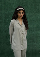 LaRosa Summer Slumber Green Stripes cotton nightwear set with vertical stripe print shirt and trousers.