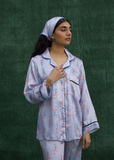LaRosa Summer Slumber Nova pastel silk nightwear set with button shirt and soft fit trousers.