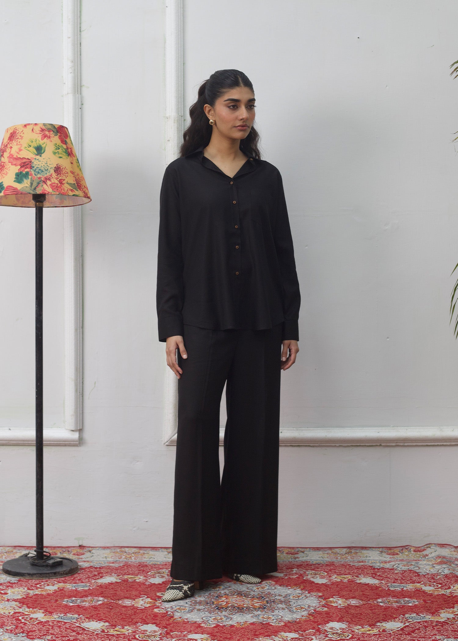 LaRosa Summer Dreams Blair black cotton nightwear set for women, featuring a chic co-ord with collared button shirt and wide-leg trousers