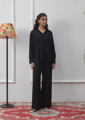 LaRosa Summer Dreams Blair black cotton nightwear set for women, featuring a chic co-ord with collared button shirt and wide-leg trousers