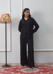LaRosa Summer Dreams Blair black cotton nightwear set for women, featuring a chic co-ord with collared button shirt and wide-leg trousers