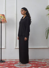 LaRosa Summer Dreams Blair black cotton nightwear set for women, featuring a chic co-ord with collared button shirt and wide-leg trousers