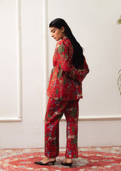 A Women wearing a double-breasted red coat with prints and culottes.
LaRosa Summer Dreams Janessa red cotton nightwear set for women, designed as a bold printed co-ord with collared shirt and straight trousers.
back side
