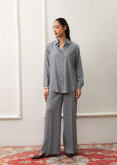 LaRosa Summer Dreams Hadley grey cotton nightwear set for women, featuring a relaxed co-ord with button-down shirt and straight pants.