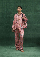 LaRosa Summer Slumber Emma beige silk loungewear set with collared top and matching pants.