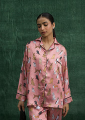 LaRosa Summer Slumber Emma beige silk loungewear set with collared top and matching pants.