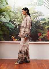 A female model wearing a beige printed co-ord set with a buttoned down shirt and flared trousers.
LaRosa Summer Dreams Isla grey cotton loungewear set for women.
side view