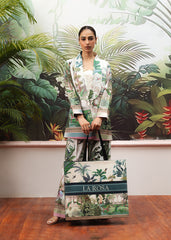 LaRosa Summer Dreams Ashlyn floral cotton nightwear set for women, designed as a pastel printed blazer co-ord with sleeves and flared trouser. with larosa bag
