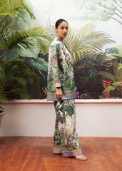 LaRosa Summer Dreams Ashlyn floral cotton nightwear set for women, designed as a pastel printed blazer co-ord with sleeves and flared trouser.
side view