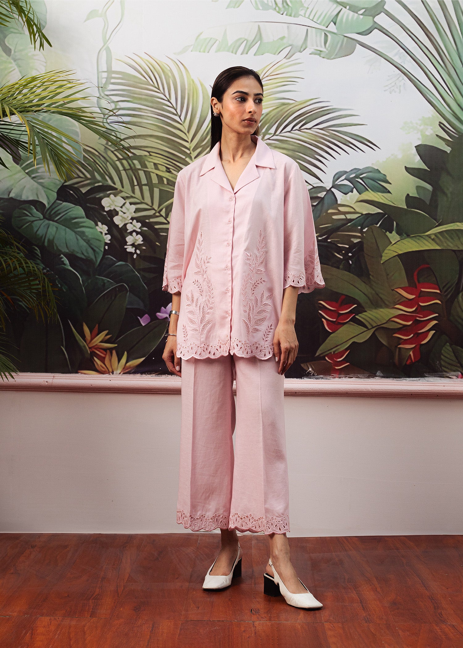LaRosa Summer Dreams Genevieve pink cotton nightwear set for women, featuring embroidered baby pink co-ord with lapel collar and culottes.
Front View.