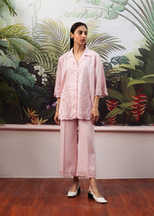 LaRosa Summer Dreams Genevieve pink cotton nightwear set for women, featuring embroidered baby pink co-ord with lapel collar and culottes.
Front View.