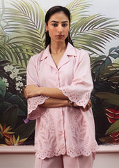 LaRosa Summer Dreams Genevieve pink cotton nightwear set for women, featuring embroidered baby pink co-ord with lapel collar.