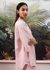 LaRosa Summer Dreams Genevieve pink cotton nightwear set for women, featuring embroidered baby pink co-ord with lapel collar and culottes.
Side View