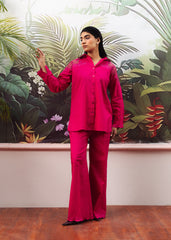 LaRosa Summer Dreams Lacey Shocking pink cotton loungewear for women, styled as a bright co-ord with embroidered hems and relaxed fit