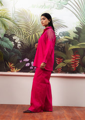 LaRosa Summer Dreams Lacey Shocking pink cotton loungewear for women, styled as a bright co-ord with embroidered hems and relaxed fit
side view