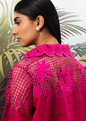 LaRosa Summer Dreams Lacey Shocking pink cotton loungewear for women, styled as a bright co-ord with embroidered hems and relaxed fit. close up - back shoulder design