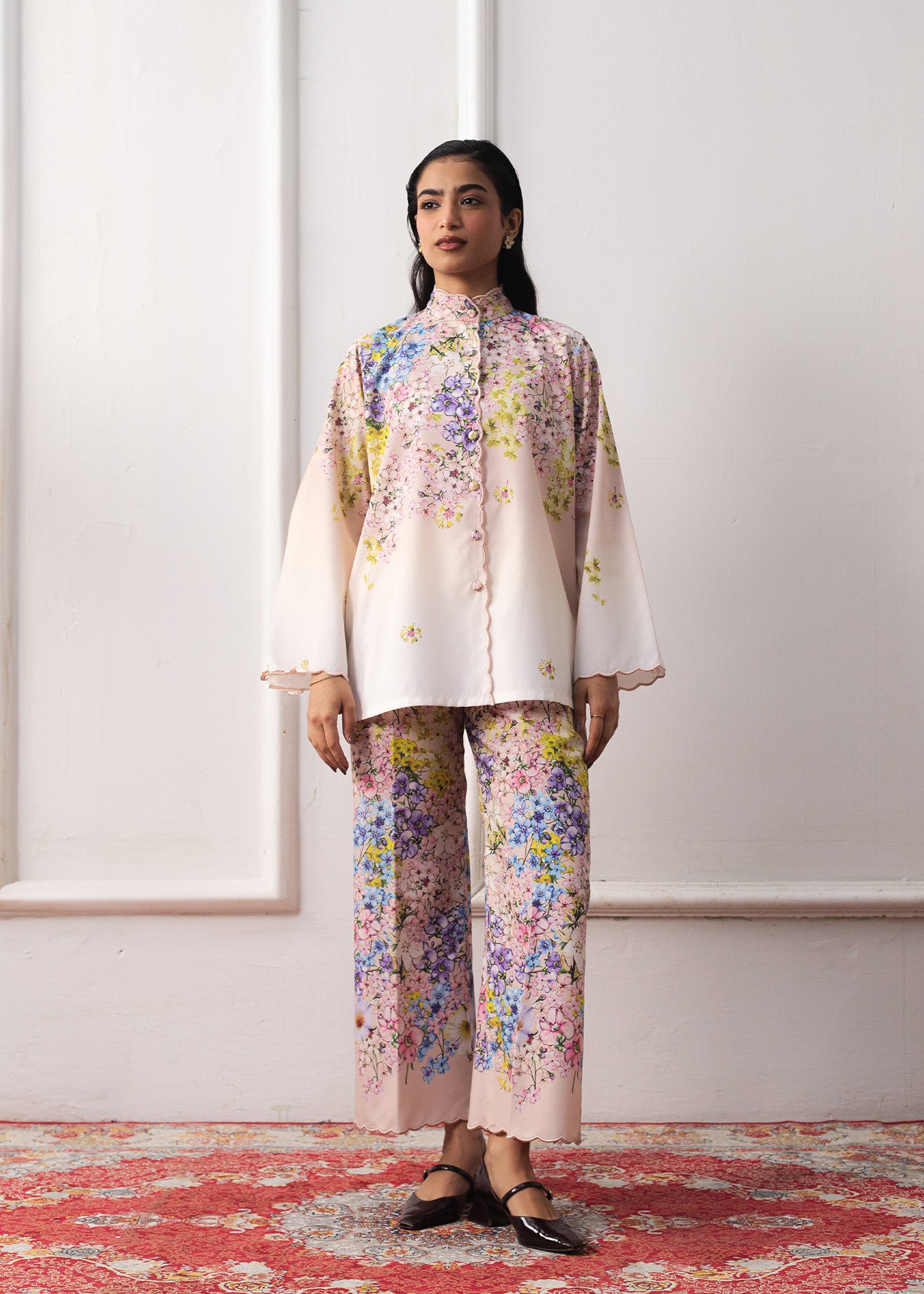 LaRosa Summer Dreams Kathleen printed cotton nightwear set for women, featuring a soft pastel co-ord with floral embroidery and lapel collar.