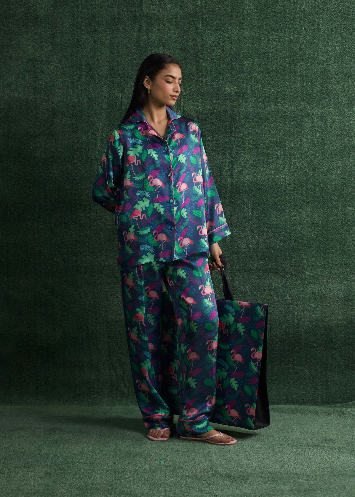 LaRosa Summer Slumber Ivy striped silk loungewear set in earthy pastel tones.