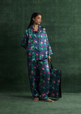 LaRosa Summer Slumber Ivy striped silk loungewear set in earthy pastel tones.