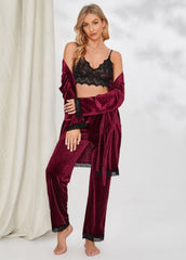 Laced cropped camisole gown and trouser in velvet finished with lace trim