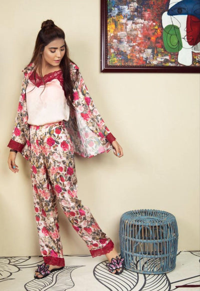 Rosy Silk Satin- 3pc camisole  Notched collar Shirt and Trouser