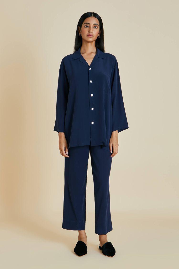 Swan- Navy blue Silk pj set with swan Embroidery at the back