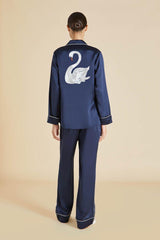 Swan- Navy blue Silk pj set with swan Embroidery at the back