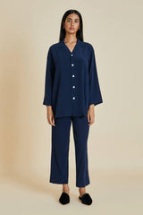 Swan- Navy blue Silk pj set with swan Embroidery at the back