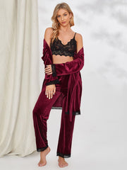 Laced cropped camisole gown and trouser in velvet finished with lace trim